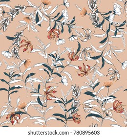 Trendy  Floral pattern in the many kind of flowers and leaves .Outline botanical  Motifs scattered random. Seamless vector texture for fashion prints. Printing with in hand drawn style on pink  
