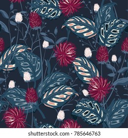 Trendy  Floral pattern in the many kind of flowers. Tropical botanical  Motifs scattered random. Seamless vector For fashion prints. Printing with in hand drawn style on navy blue background.