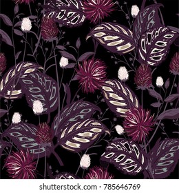 Trendy  Floral pattern in the many kind of flowers. Tropical botanical  Motifs scattered random. Seamless vector texture. For fashion prints. Printing with in hand drawn style on bergundy background.