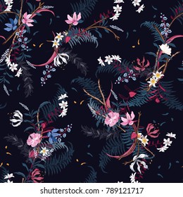 Trendy  Floral pattern in the many kind of flowers. Garden botanical  Motifs scattered random. Seamless vector texture For fashion prints. Printing with in hand drawn style navy blue  background.