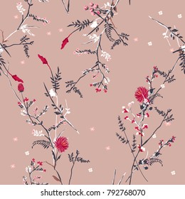 Trendy  Floral pattern in the many kind of flowers. Tropical botanical  Motifs scattered random. Seamless vector texture. For fashion prints. Printing with in hand drawn style on pink background.