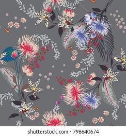 Trendy Floral pattern in the many kind of flowers. Tropical botanical Seamless vector texture. Elegant template for fashion prints. Printing with in hand drawn style on grey background. Trendy Floral pattern in the many kind of flowers. Tropical botanical Seamless vector texture. Elegant template for fashion prints. Printing with in hand drawn style on grey background.
