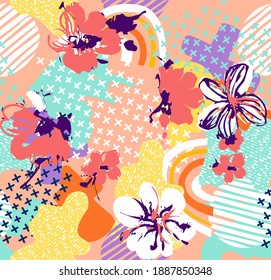 trendy floral pattern memphis style with fun and colorful background