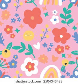 Trendy floral pattern with pink background, Retro floral, Summer floral on pink background, great textiles design pattern