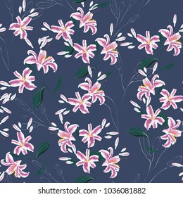 Trendy Floral pattern with pink lilies flowers. Spring, summer seamless pattern, Printing with beautiful flowers. Dark background.