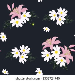 Trendy Floral pattern with pink lilies flowers. Spring, summer seamless pattern, Printing with beautiful flowers. Dark background.