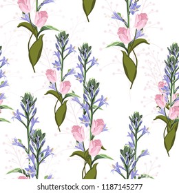 Trendy Floral pattern with pink tulips and violet bels flowers. Tropical botanical Motives. Seamless vector texture. Printing in hand drawn style on the white background.