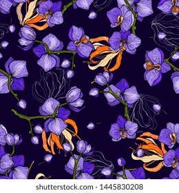 Trendy floral pattern with purple orchids. Isolated seamless print. Vintage background.  Hand drawn vector illustration.