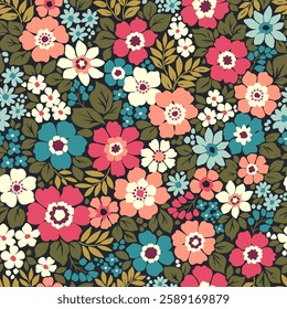 Trendy floral pattern in small abstract flowers. Liberty style. Pink, blue and white flowers. Floral seamless background for fashion prints. Vintage print. Seamless vector texture. Spring bouquet.