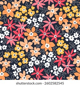 Trendy floral pattern in small abstract flowers. Liberty style. Pink, orange and white flowers. Floral seamless background for fashion prints. Vintage print. Seamless vector texture. Spring bouquet.