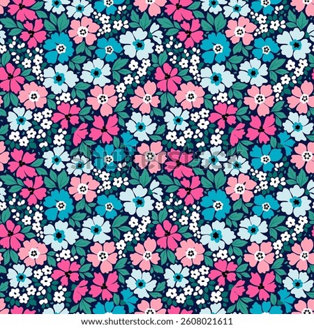 Trendy floral pattern in small abstract flowers. Liberty style. Pink, blue and white flowers. Floral seamless background for fashion prints. Vintage print. Seamless vector texture. Spring bouquet.
