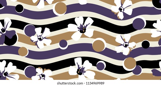 Trendy floral pattern. Stripes, dots and flowers. Creative design for fashion print, cover, paper, wallpaper, textile, wrapping. Elegant feminine texture.