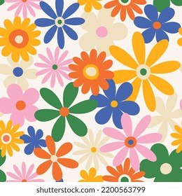 Trendy floral pattern in the style of the 70s with groovy daisy flowers. Vintage style. Bright colorful colors. Retro floral vector design y2k.