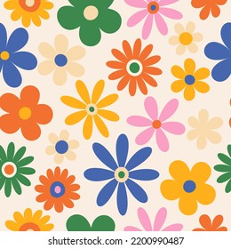 Trendy floral pattern in the style of the 70s with groovy daisy flowers. Vintage style. Bright colorful colors. Retro floral vector design y2k. - Shutterstock ID 2200990487