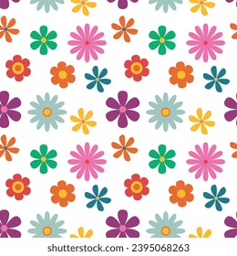 Trendy floral pattern in the style of the 70s with groovy daisy flowers. Vintage style. Bright colorful colors. Retro floral vector design y2k