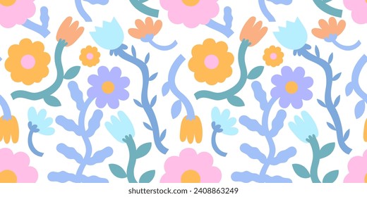 Trendy floral pattern in the style of the 70s with groovy daisy flowers. Vintage style. Bright colorful colors. Retro floral vector design y2k.