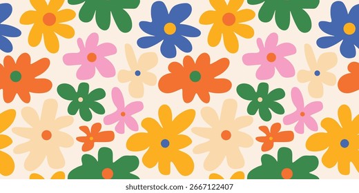 Trendy floral pattern in the style of the 70s with groovy daisy flowers. Vintage style. Bright colorful colors. Retro floral vector
