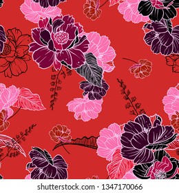 Trendy Floral pattern in vector. botanical in line hand drawing, Seamless vector texture for fashion fabric on red  background color