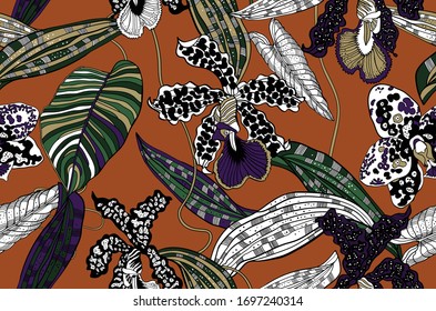 Trendy Floral pattern. Wild orchids.Tropical botanical Motifs. Seamless vector pattern. Printing with in hand drawn style. Textile design.