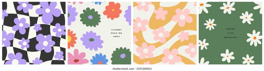 Trendy floral poster quote collection. Set of vintage 70s style flower background illustration. Colorful pastel color groovy artwork bundle, y2k nature backgrounds with spring plants.