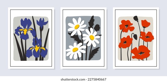 Trendy floral posters set. Wall art prints with bright flowers. Vector daisy, poppy and iris illustration