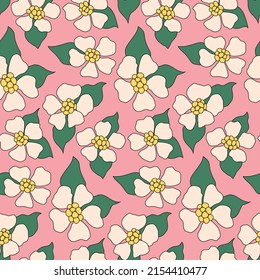 Trendy floral print with cute flowers, leaves on a pink field. Seamless pattern, modern botanical background with outline plants in bright colors. Vector illustration.