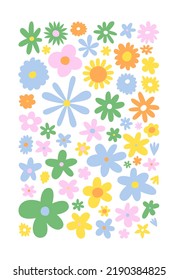 Trendy floral print illustration. Set of vintage 70s style flowers on isolated background. Colorful pastel color groovy artwork collection, y2k nature poster with spring plants.