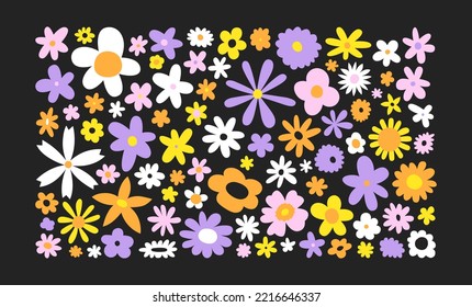 Trendy floral print illustration. Set of vintage 70s style flowers on isolated background. Colorful pastel color groovy artwork collection, y2k nature poster with spring plants.