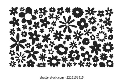 Trendy floral print illustration. Set of vintage 70s style flowers on isolated background. Black and white artwork collection, y2k nature poster with spring plants.	