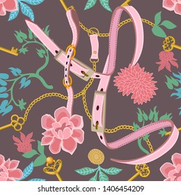 Trendy floral print with pink belts and golden chains. Seamless vector pattern with botanical and fashion elements. Vintage textile collection. On beige background.
