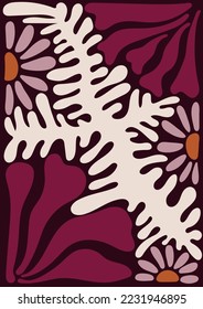 Trendy floral retro poster. Abstract blossom print in naive art style. Seventies, groovy background. Decorative contemporary botanical elements. Hippie Aesthetic. Hand-drawn vector Illustration