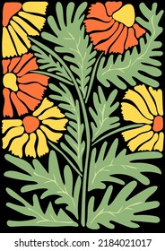 Trendy floral retro poster with daisies. Abstract blossom print in naive art style. Seventies, groovy background. Decorative contemporary botanical elements. Hippie Aesthetic. Vector Illustration