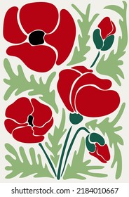 Trendy floral retro poster with red poppies. Abstract blossom print in naive art style. Seventies, groovy background. Decorative contemporary botanical elements. Hippie Aesthetic. Vector Illustration