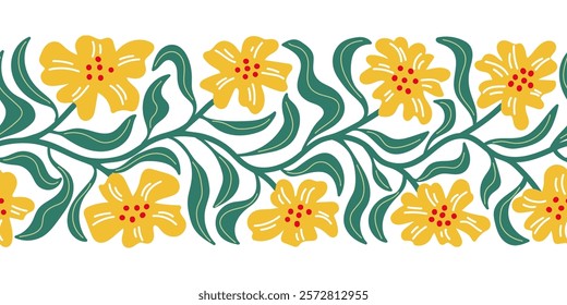 Trendy floral retro seamless border with spring flowers. Abstract blossom print in naive drawing style