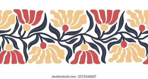 Trendy floral seamless border with retro flowers. Abstract blossom print in naive drawing style