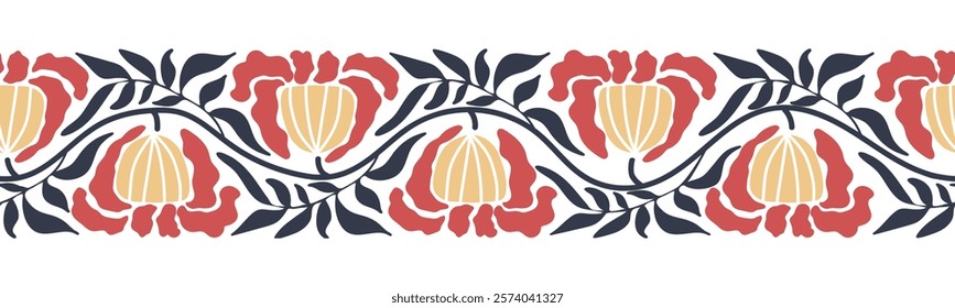 Trendy floral seamless border with retro flowers. Abstract blossom print in naive drawing style. Vector illustration