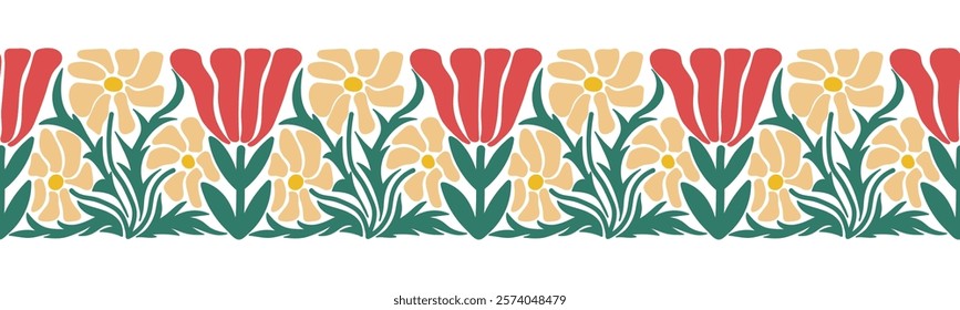 Trendy floral seamless border with tulips and daisies flowers. Abstract blossom print in naive drawing style. Vector illustration