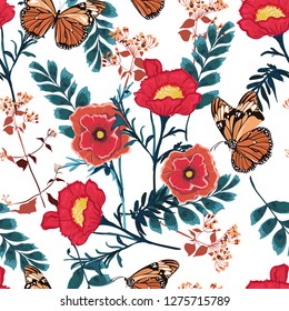 Trendy  Floral seamless pattern blooming red flowers with butterfly Botanical garden Motifs vector texture. Design for fashion  Printing with in hand drawn style on white background