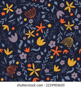 Trendy floral seamless pattern in blue colors. Abstract and floral design. For fashion fabrics, kids clothes, home decor, wallpaper, T-shirts, backgrounds, cards and templates. Vector illustration