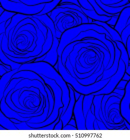 Trendy floral seamless pattern in blue colors. Roses silhouette. Vector illustration.