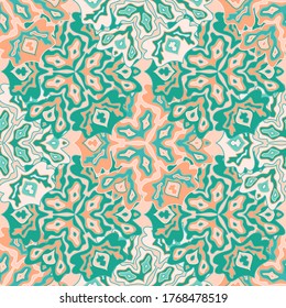 Trendfarbenes, nahtloses Muster in hellen Sommerfarben. Mandala medallion flüssige Blütenblätter schmücken. Tropisches, nahtloses Muster mit Blumen. Kaleidoskop-Scraphedesign. Indische Motive.