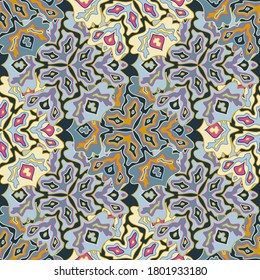 Trendfarbenes, nahtloses Muster in hellen Sommerfarben. Mandala medallion Flüssigkeit Blätter Zierde. Exotisches, nahtloses Muster mit Blumen. Psychedelisches Flickwerk-Design. Persische Motive.