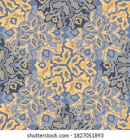 Trendy floral seamless pattern in bright summer positive colors. Mandala medallion fluid leaves ornament. Organic floral seamless pattern. Psychedelic patchwork design. Indian motifs.