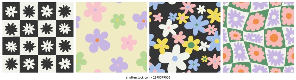 Trendy Floral Seamless Pattern Collection. Set Of Vintage 70s Style Flower Background Illustration. Colorful Pastel Color Groovy Artwork Bundle, Y2k Nature Backgrounds With Spring Plants.