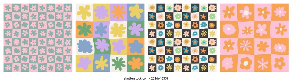 Trendy floral seamless pattern collection. Set of vintage 70s style flower background illustration. Colorful pastel color groovy artwork bundle, y2k nature backgrounds with spring plants.