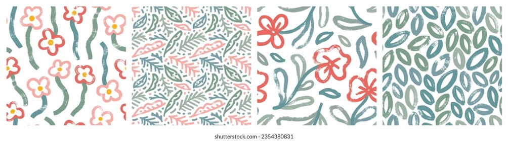 Trendy floral seamless pattern collection. Colored flowers and leaves drawn with bold brush. Hand drawn botanical prints in pale colors. Abstract posters set with poppies, camomiles and branches.