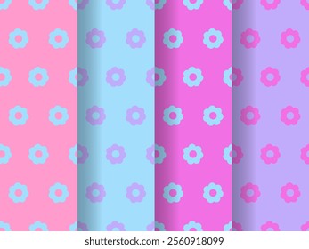 Trendy floral seamless pattern collection. Set of vintage 70s style flower background illustration. Colorful pastel artwork bundle, y2k backgrounds with simple flowers. Vector illustrations