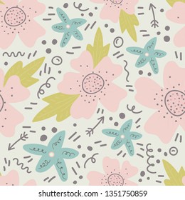 Trendy floral seamless pattern with doodle flowers. Vector background design.