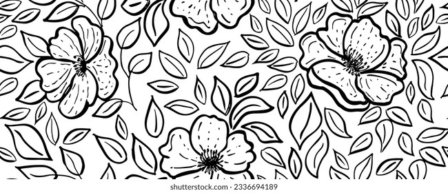 Trendy floral seamless pattern for fabric design. Flowers in Japanese style black and white texture. Summer vector illustration. Abstract grunge texture. Hand drawn brush pattern.