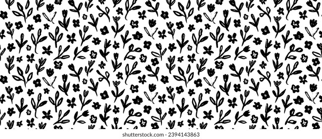Trendy floral seamless pattern for fabric design. Flowers in Japanese style black and white texture. Summer vector illustration. Abstract grunge texture. Hand drawn brush pattern.